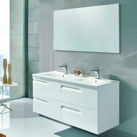 Set de Gabinete Volado Doble Y Espejo Vitale Lacado Brillo Blanco con Lavabo Orbis 120cm x 45cm Esbaño 91212