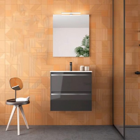 Set Gabinete Volado y Espejo Style Lacado Brillo Gris con Lavabo Orbis 61cm x 46cm Esbaño 91351