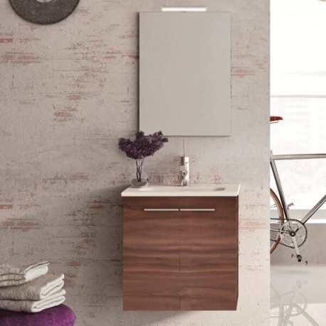 Set Gabinete Volado y Espejo Urban Pack Nogal Terracota (2 puertas) con Lavabo Spirit 51cm x 40cm Esbaño 91328